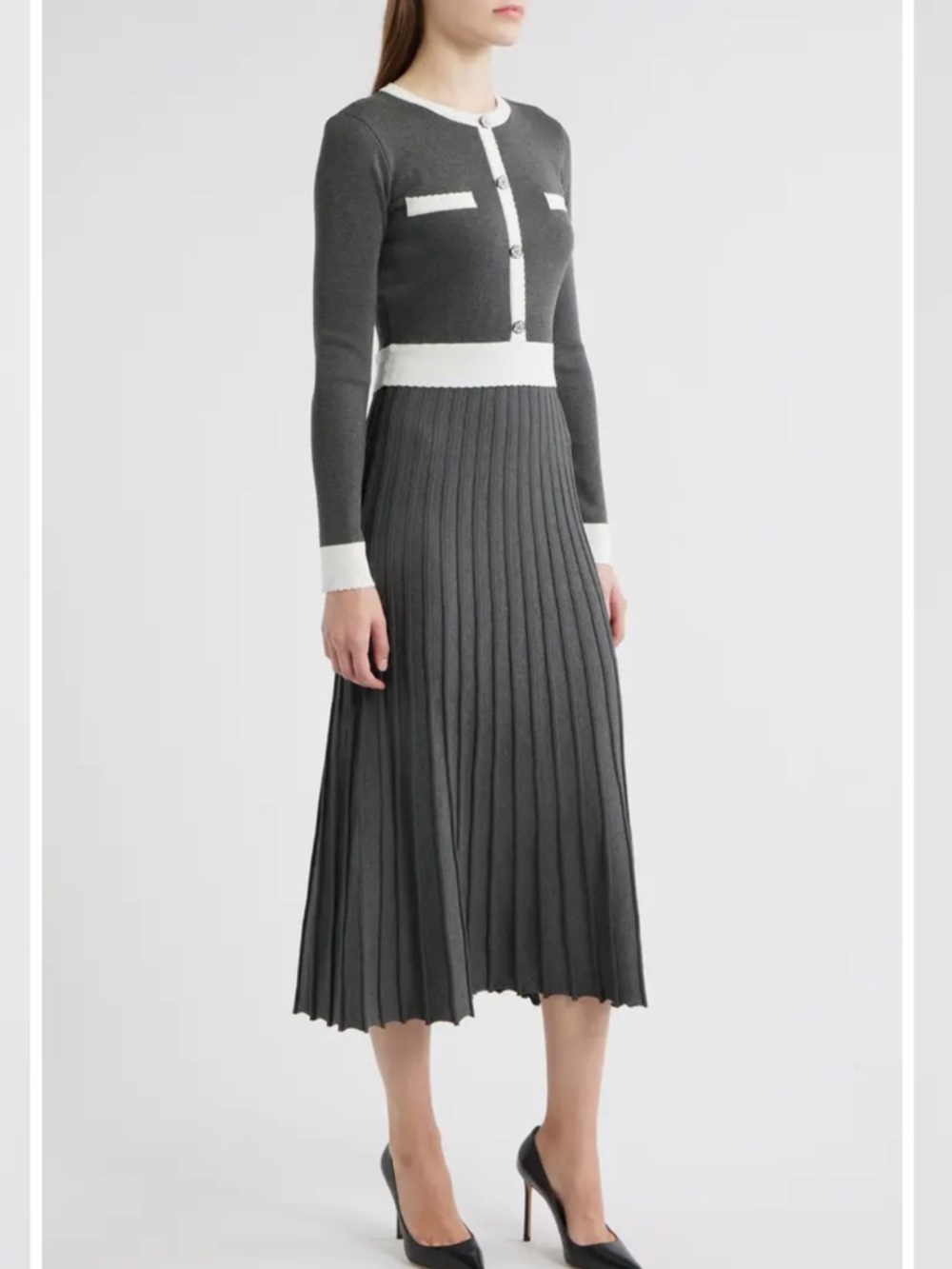 Zoe and Claire Gray Knit Midi Dress MEDIUM White Trim Pleated Skirt Long Sleeve